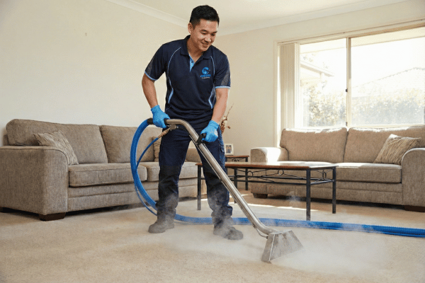 Commercial cleaner steam cleaning a residential carpet to remove stains and dirt.