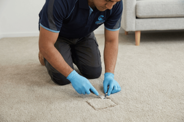 Professional carpet technician repairing a damaged section of carpet.