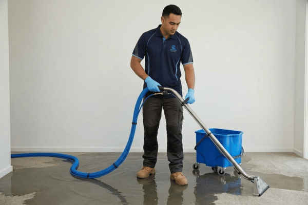 Restoration specialist performing water extraction on a flooded floor using a heavy-duty vacuum.