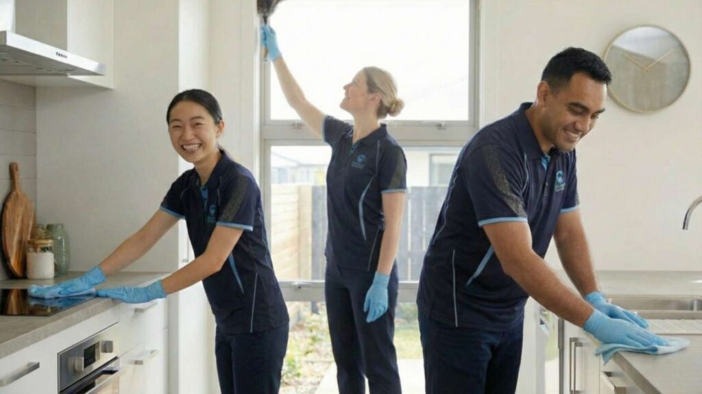 Professional cleaning team performing deep cleaning services in a home environment.