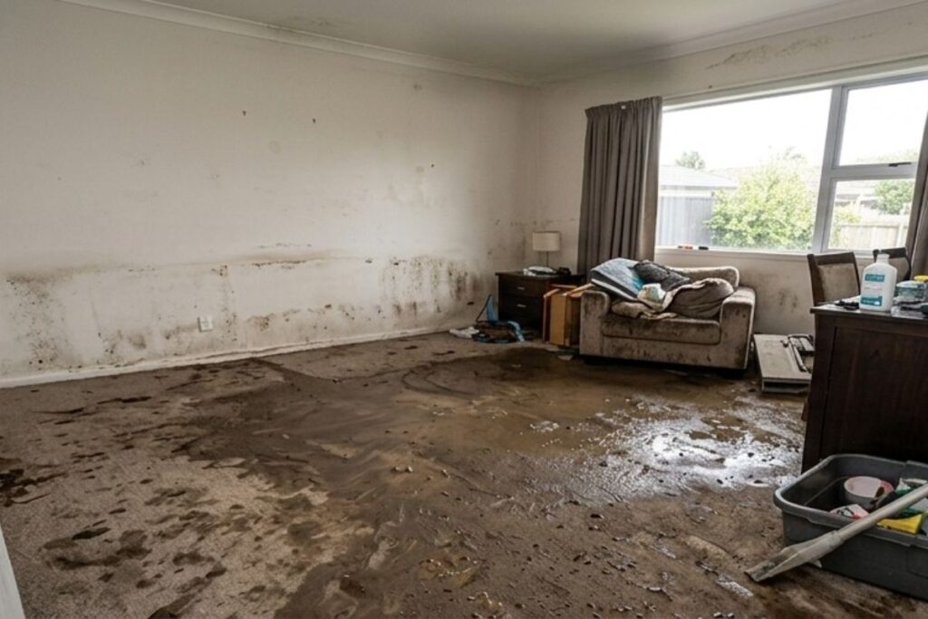 Before carpet flood restoration by Cheers Cleaning — wet damaged carpet restored to clean dry condition