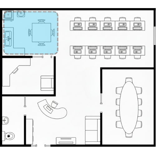 Office kitchen cleaning area with benches, sink, and appliances included in the cleaning scope.