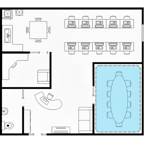 Office meeting room cleaning area showing tables, chairs, glass panels, and presentation equipment.