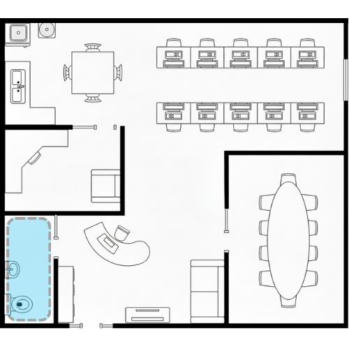 Office toilet cleaning area showing washbasins, toilets, and tiled surfaces maintained for hygiene.